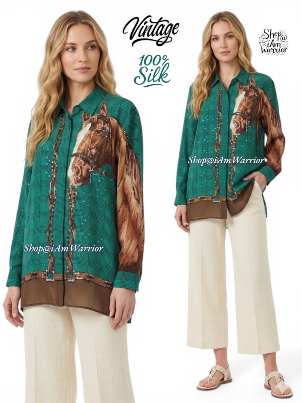 Vintage 100% Silk Equestrian Horse Print Sequin Teal Blouse *shop@iamwarrior